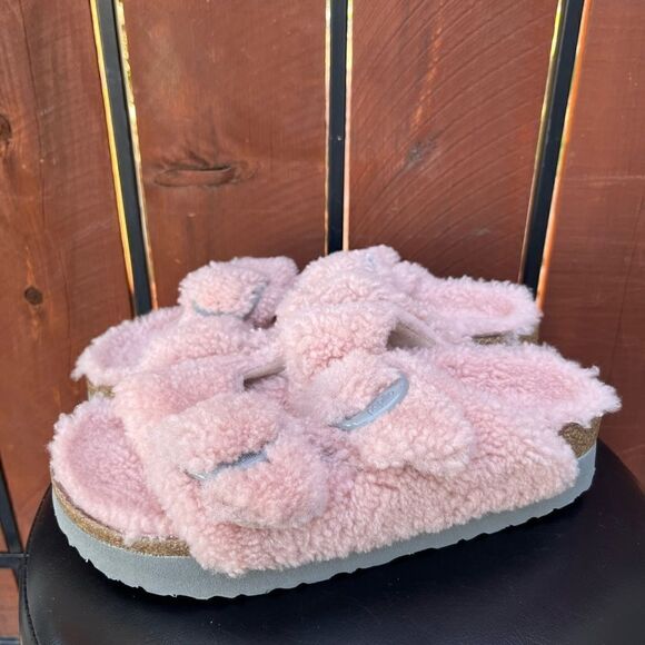 Birkenstock Arizona Teddy Shearling Platform Sandals Pink Big Buckle 40EU - Picture 7 of 9